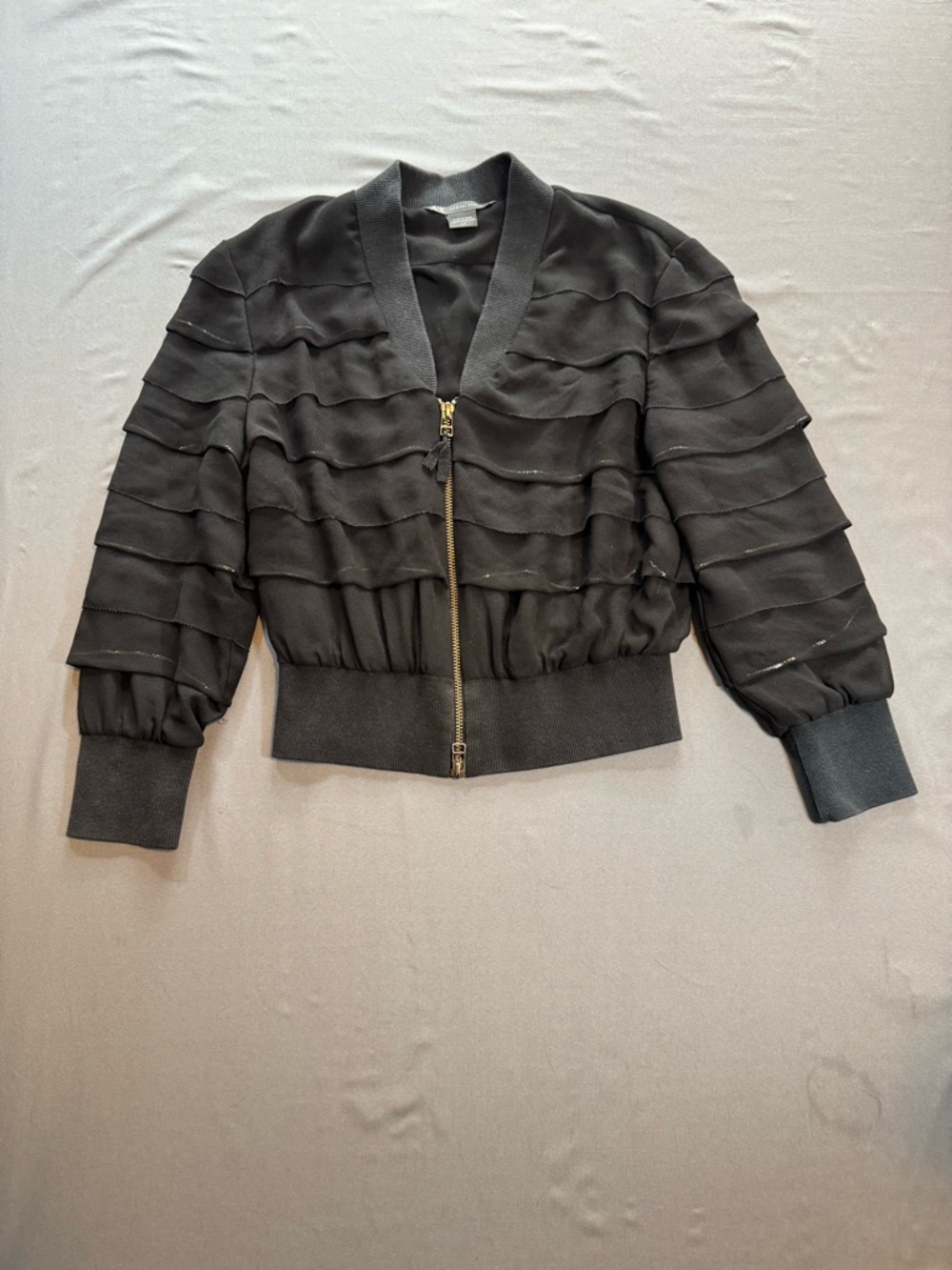 Armani Exchange Black Cropped Ruffle Bomber Jacket with Gold Zipper Size S - Picture 2 of 6